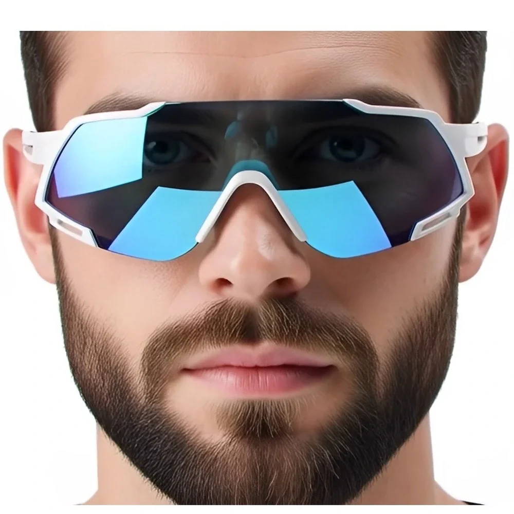 Men's Sport Sunglasses White Frame Blue Mirror Lens Cycling Cycling Eyewear 2026